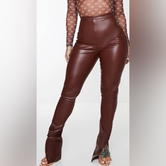 PrettyLittleThing Chocolate Brown Skinny Leather Pants - Picture 1 of 1